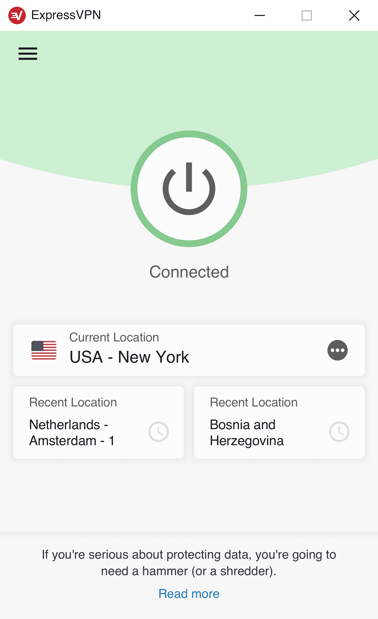 A screenshot of the Windows one-tap VPN location swap.
