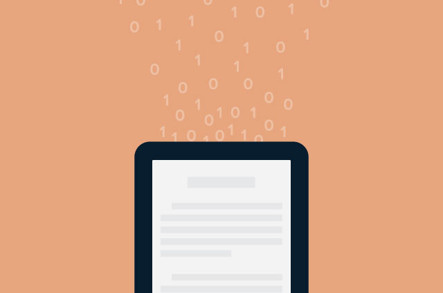 An e-reader with data emanating from it.