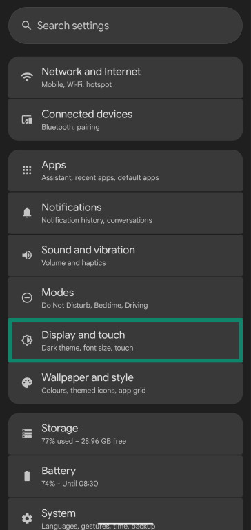 Accessing the Display and touch settings menu on a Google Pixel device