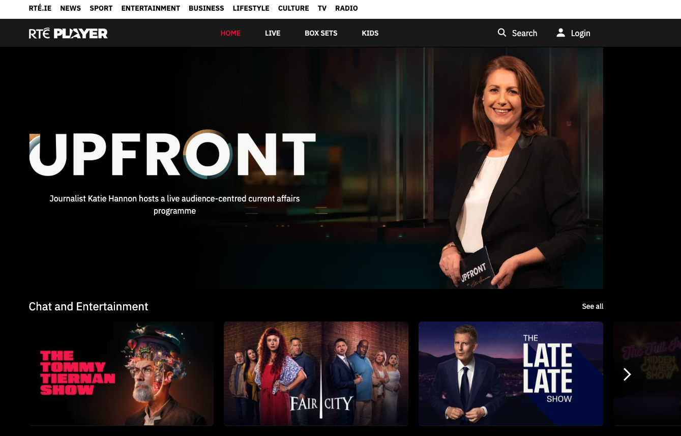Screenshot of the RT&Eacute; Player homepage