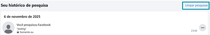 Facebook search history with Clear searches highlighted.