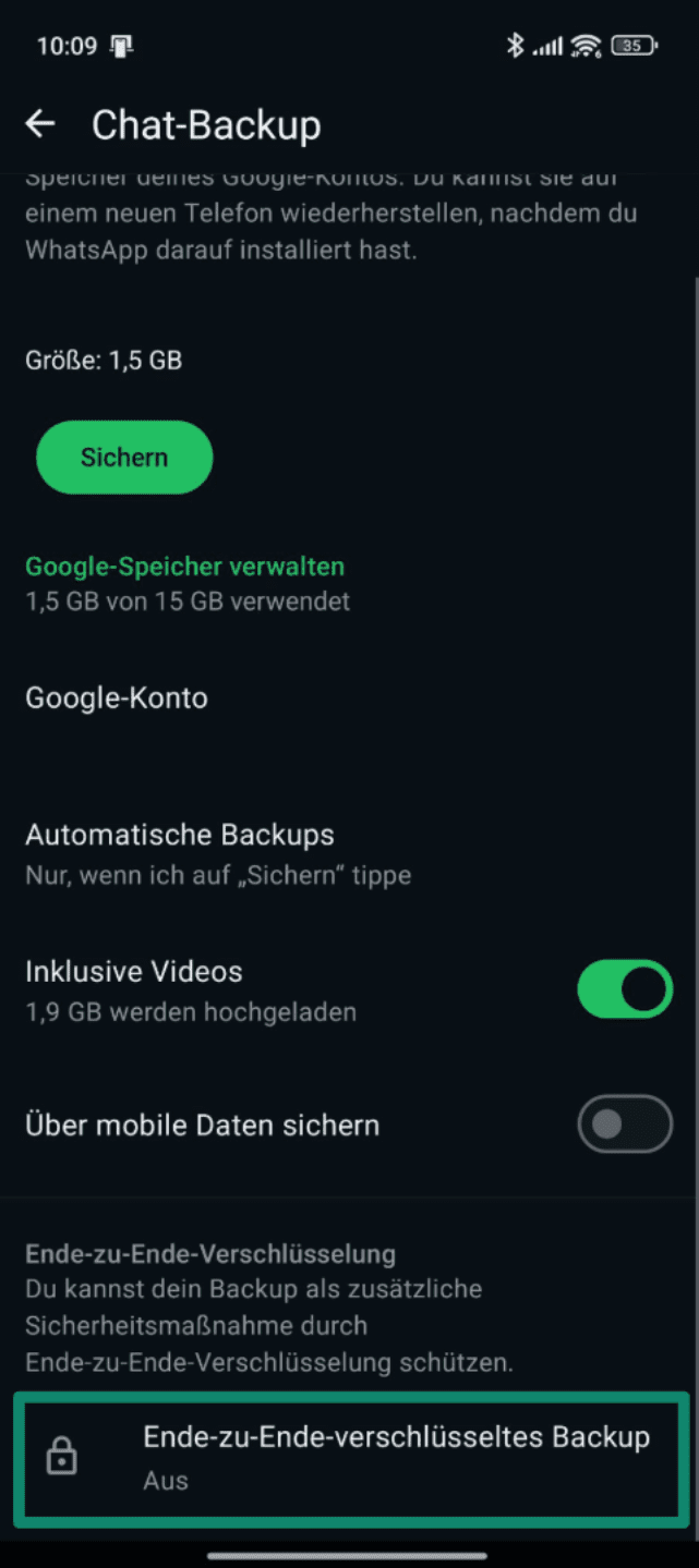Confirmation that end-to-end encrypted backups are disabled