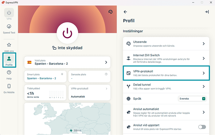 ExpressVPN's Windows app, showing a highlighted "Profile" tab and the "VPN Protocol" option.