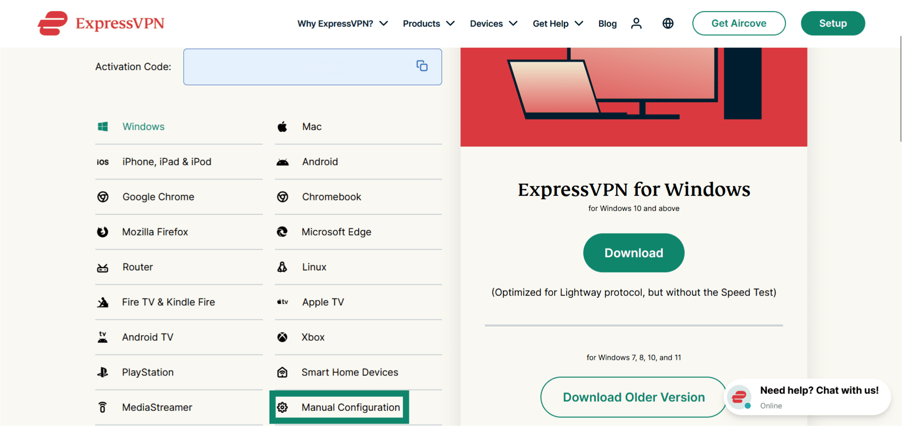 Accessing Manual Configuration setup option in ExpressVPN web portal.