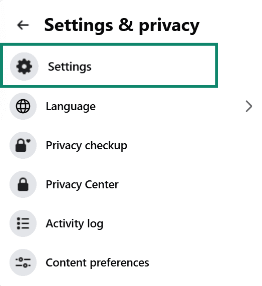 Facebook profile dropdown menu with the 'Settings & privacy' tab highlighted.
