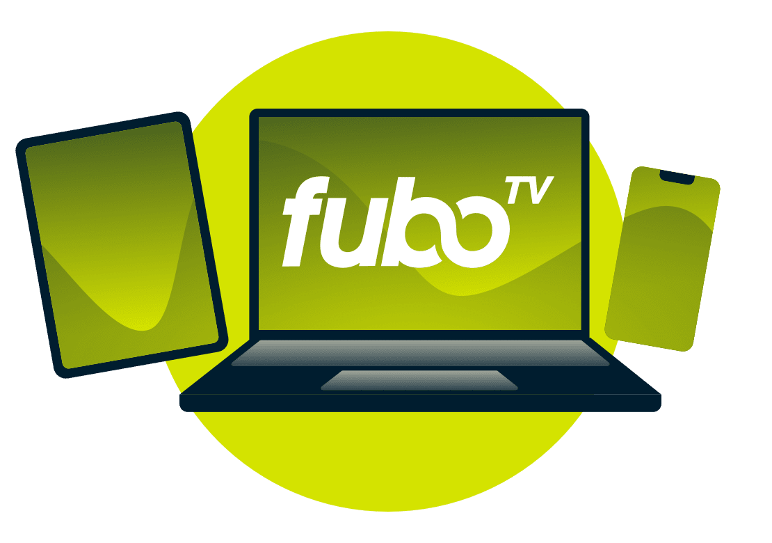 Un ordinateur portable, une tablette et un t&eacute;l&eacute;phone, avec le logo de fuboTV.