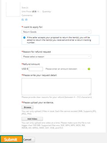 Fill in refund request AliExpress platform