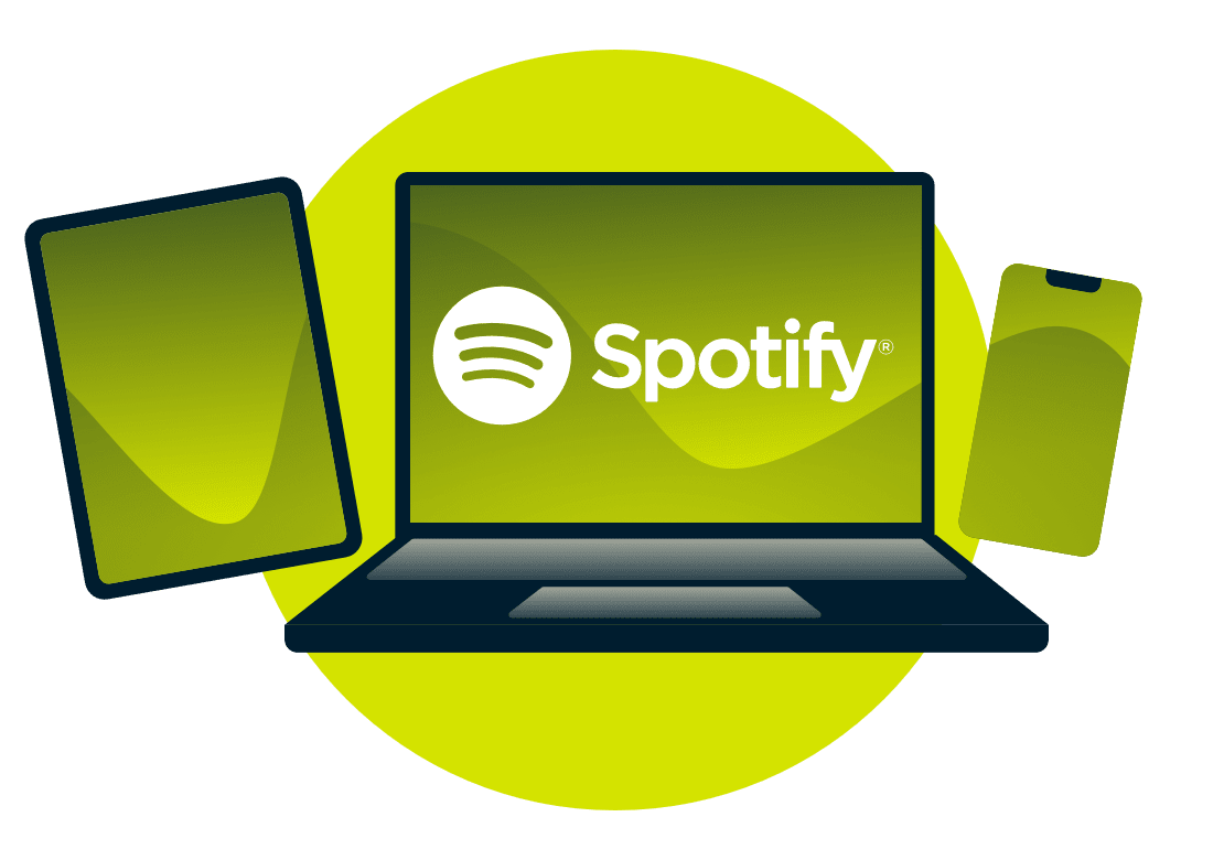 En bærbar computer, en tablet og en telefon med Spotify-logoet.