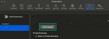 Safari Extension with Uninstall highlighted.