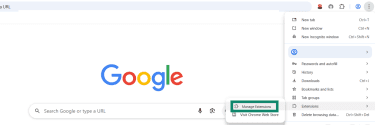 The Chrome menu is open and the Extensions option is expanded, with Manage Extensions highlighted.