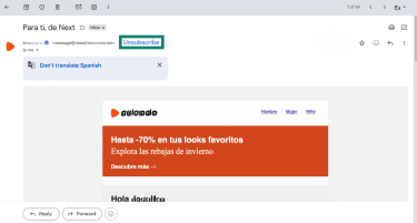 Promotional email open in Gmail with the “Unsubscribe” option visible.
