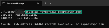 Looking up type AAAA record using nslookup.